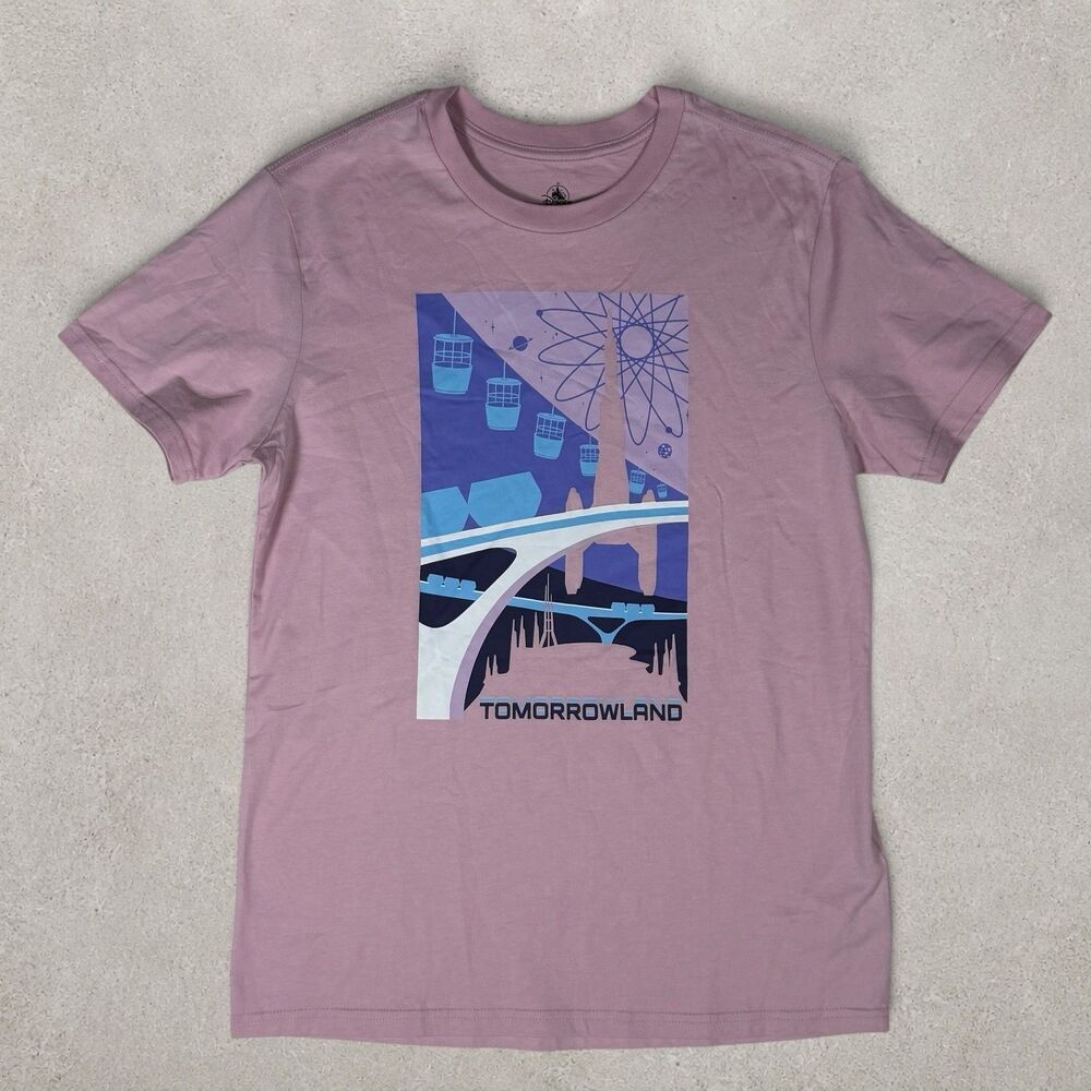 Disney Parks Tomorrowland Graphic Tee Pink Space Mountain PeopleMover Skyway S - Picture 1 of 6